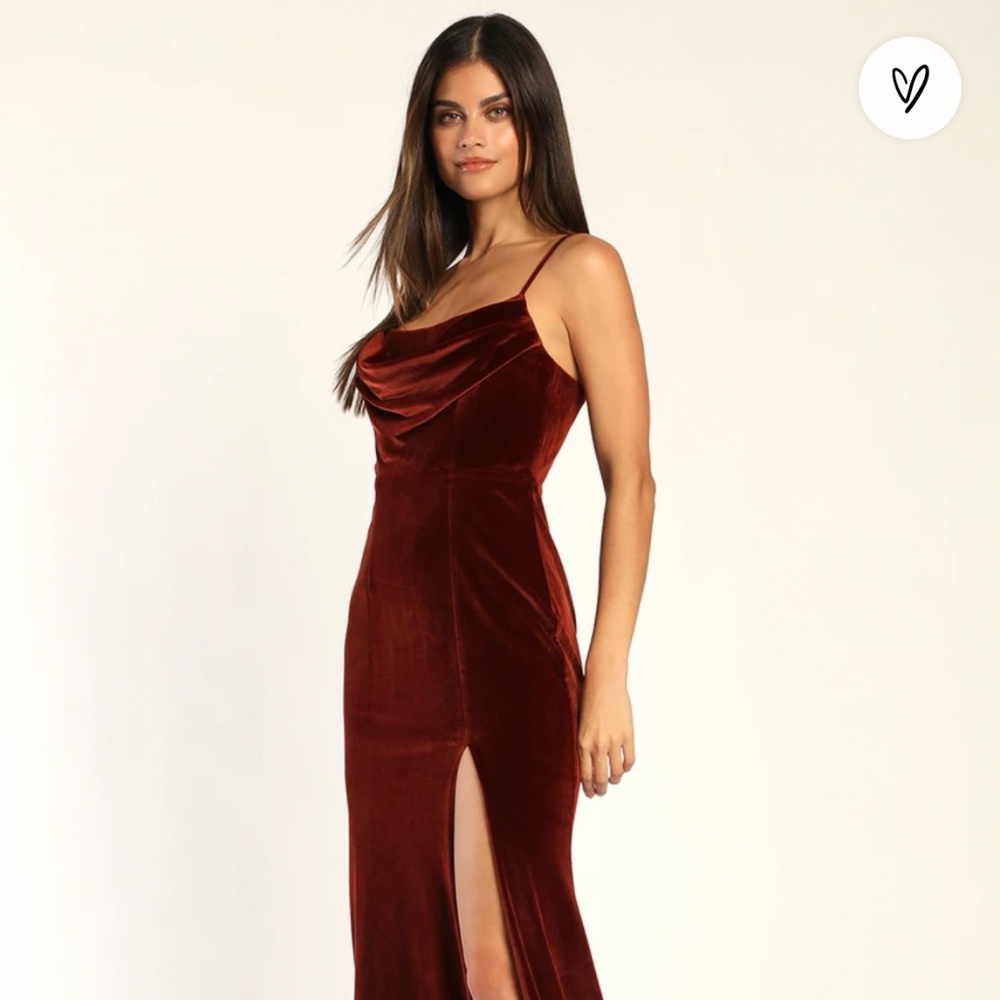 LULUS Everything I do Rust Brown Velvet Cowl Neck Mermaid Maxi Dress New